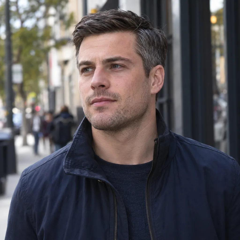 A young man with short dark brown hair and grey strands at the temples and sides, on a city sidewalk
