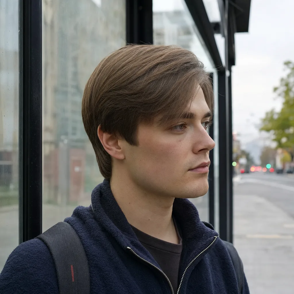 A young man with straight light brown hair at a bus stop, hair worn in a soft side part falling flat across his forehead
