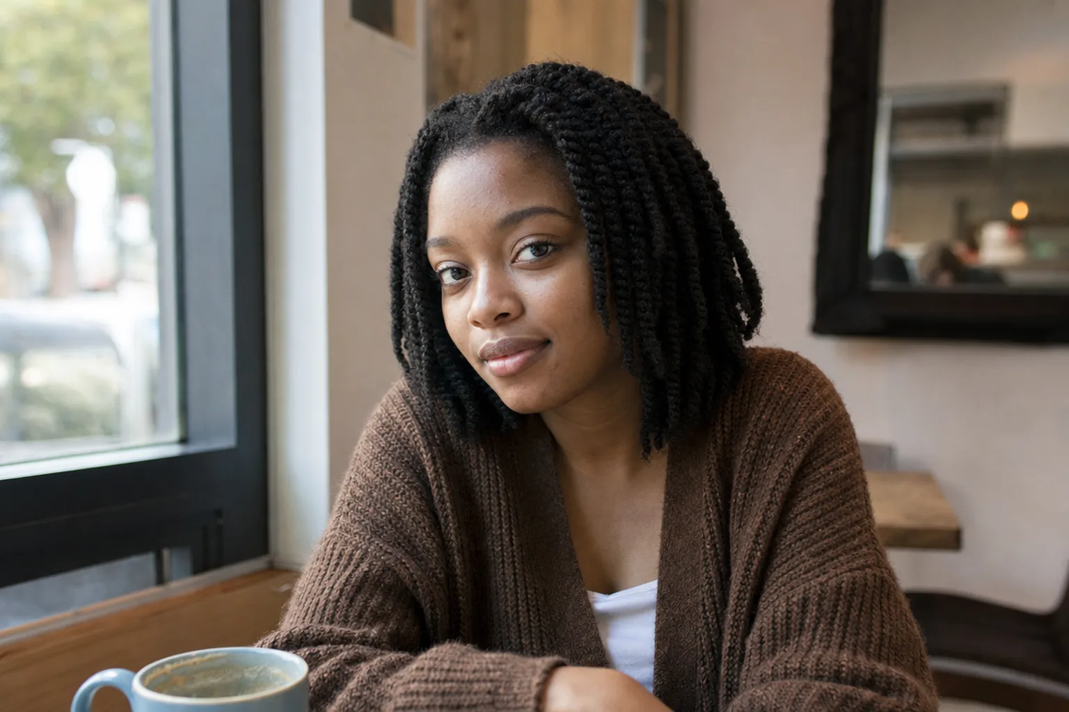 A young woman at a cafe window table with jaw-length black two-strand twists made from her own hair