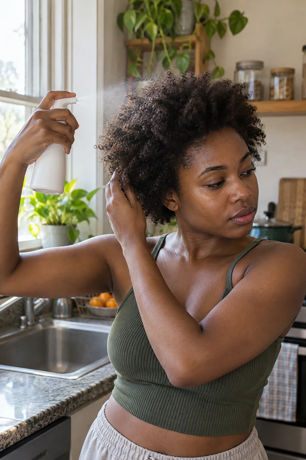 A young woman at her kitchen window misting her dark brown coily hair with a white spray bottle