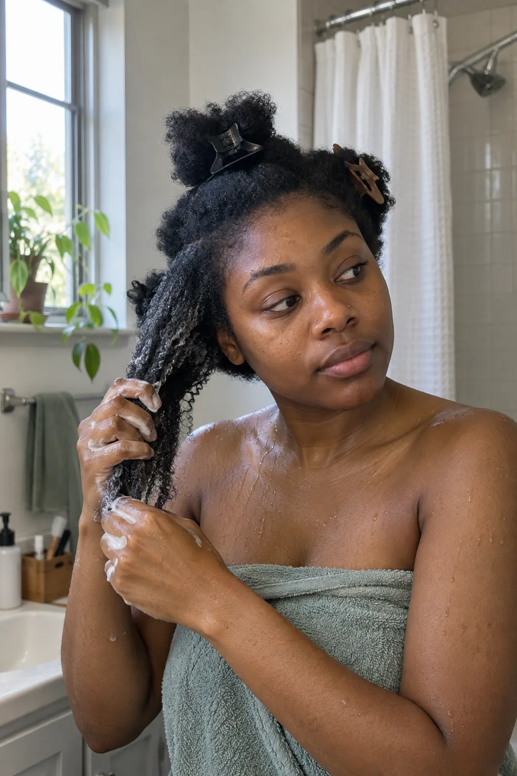 A young woman in a towel in a bathroom with most of her black coily hair clipped up, working conditioner through one wet section