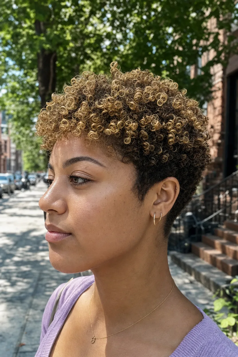A young woman in profile on a city sidewalk with a short tapered curly cut, close at the sides and nape, honey blonde curls on top with dark roots