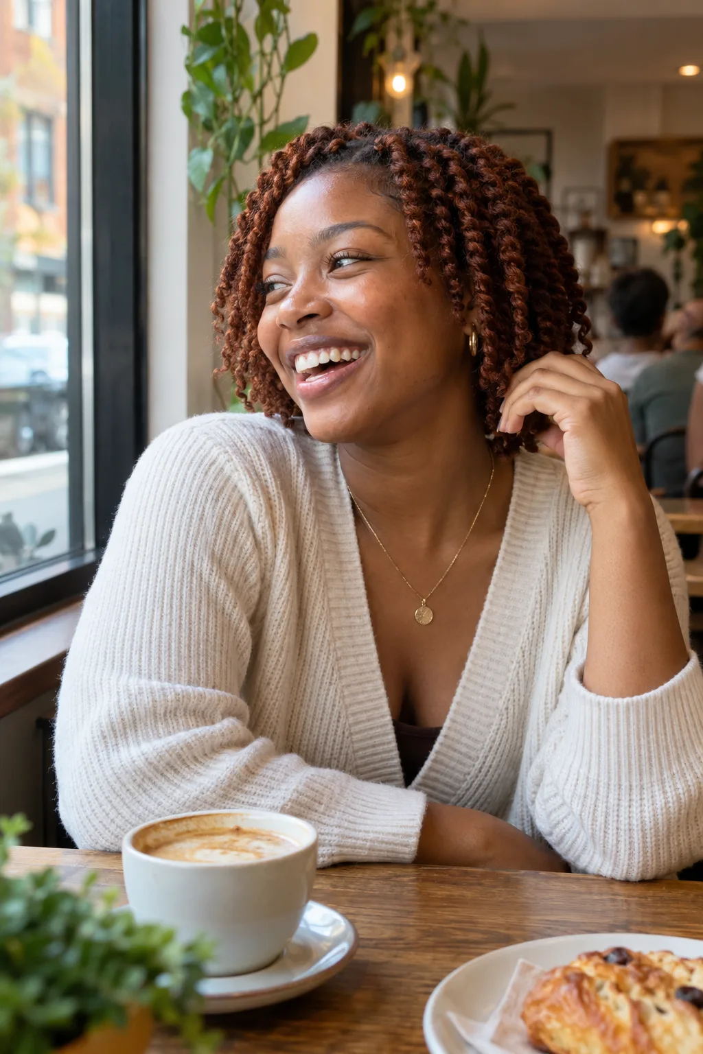 A young woman laughing at a cafe window table with chin-length auburn two-strand twists