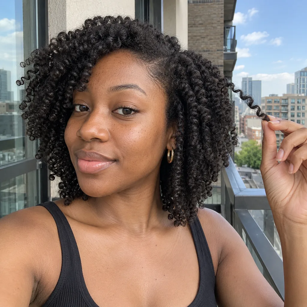 A young woman on a city apartment balcony holding one coil of her shoulder-length black 4a hair out between two fingers