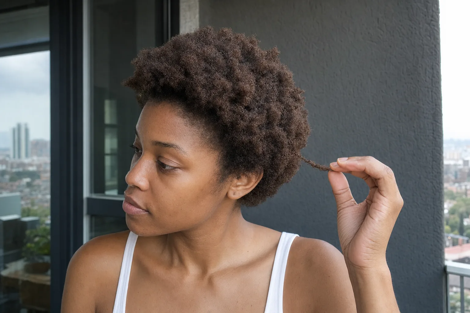 A young woman on a city balcony holding one small section of her short brown 4b hair out from her head between her fingers