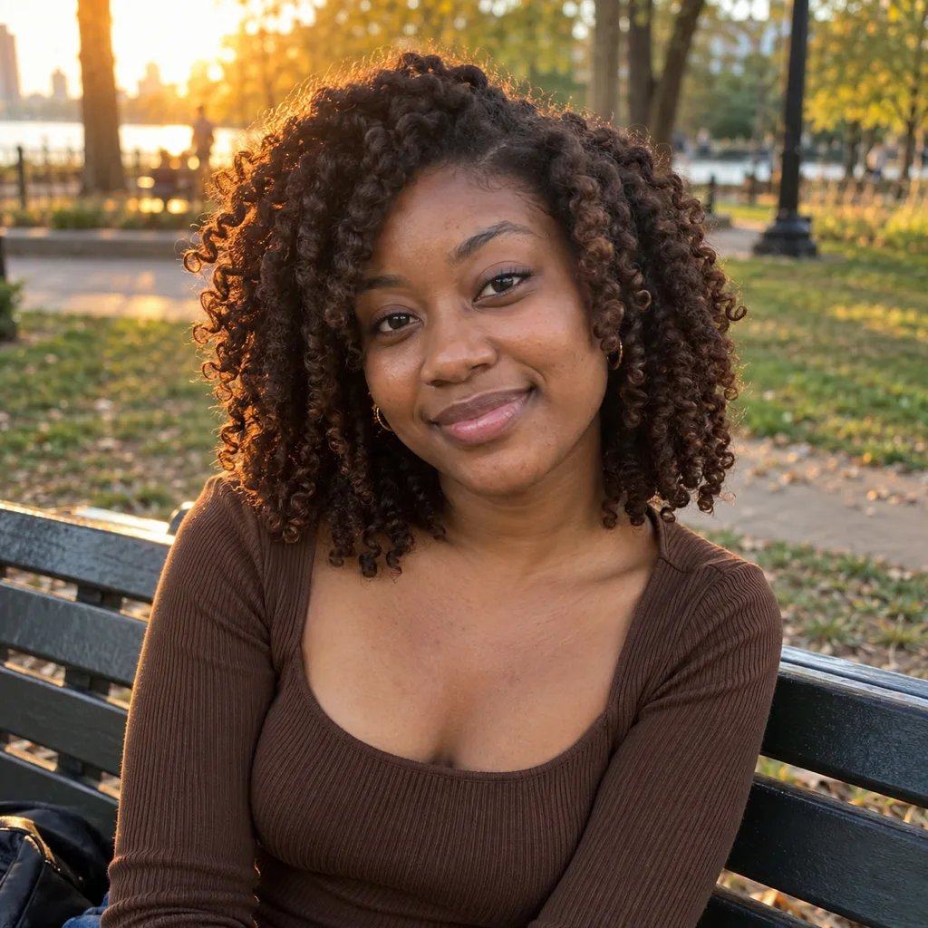 A young woman on a park bench at golden hour with a shoulder-length chestnut brown 4a twist-out