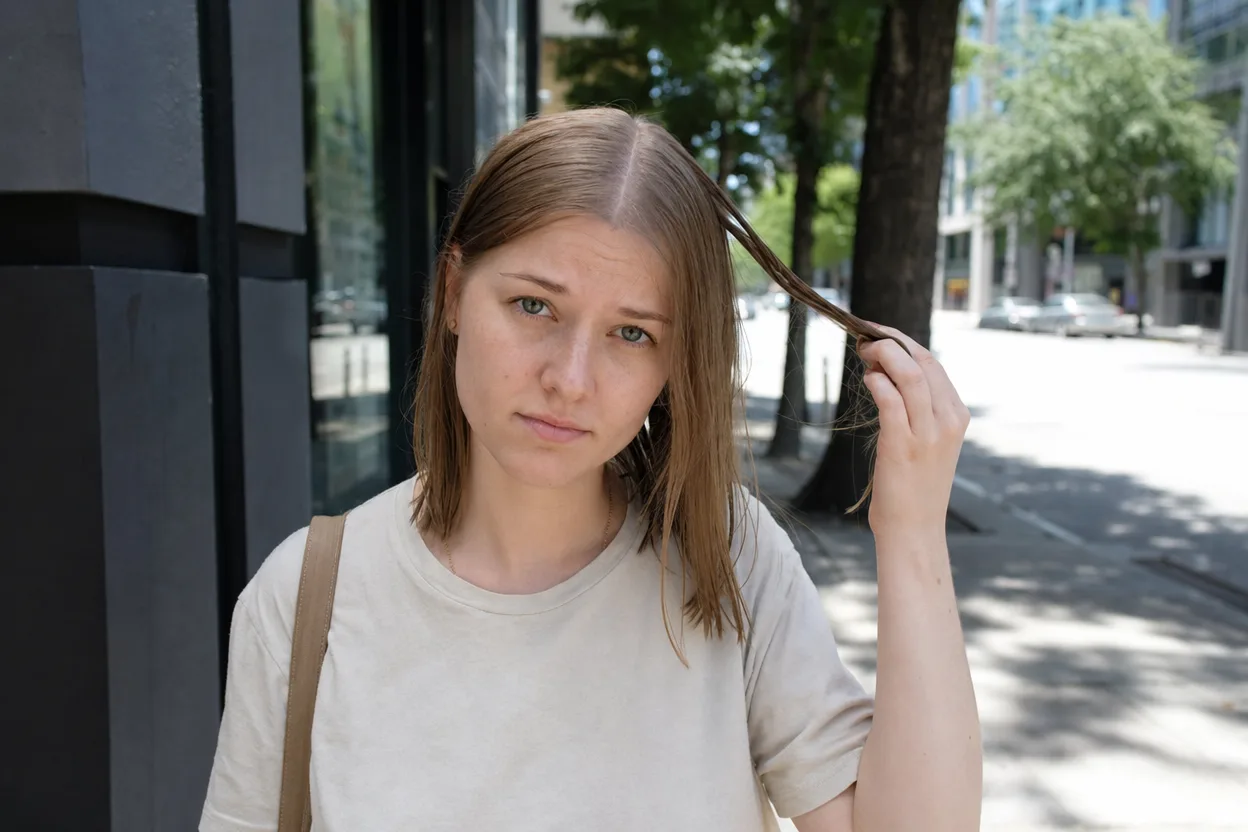 A young woman on a sunny sidewalk pulling at a piece of flat lank light brown hair that lies close to her scalp with no wave left in it