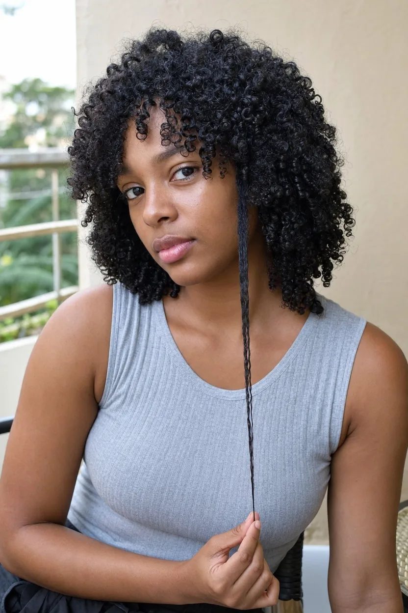 A young woman with black corkscrew curls on a balcony, pulling one curl straight down past her chest while the rest sit at her shoulders