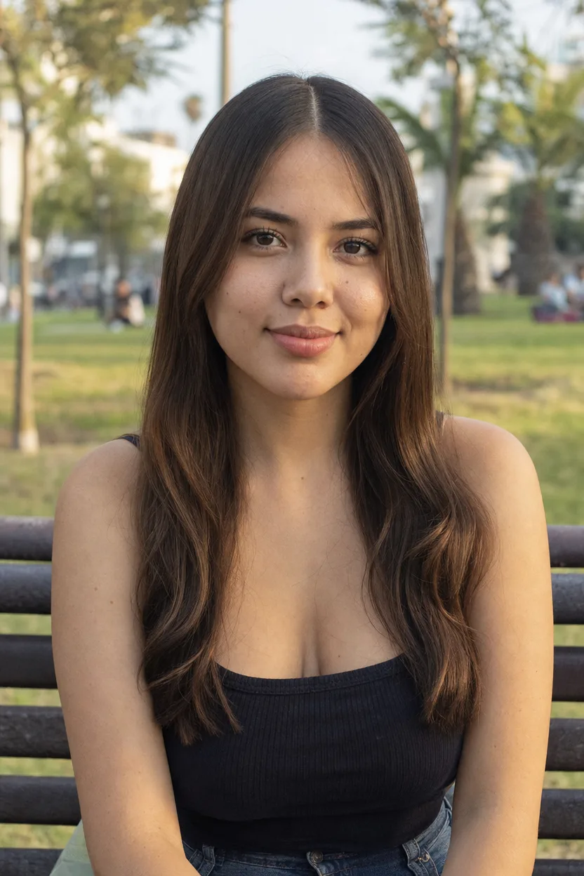 A young woman with chestnut hair to mid back, layered only at the front so the shortest piece sits at her cheekbone, on a park bench