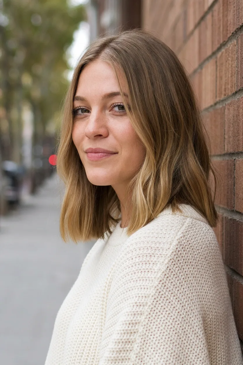 A young woman with dirty blonde hair cut into a collarbone lob with soft layers and face framing pieces, leaning on a brick wall
