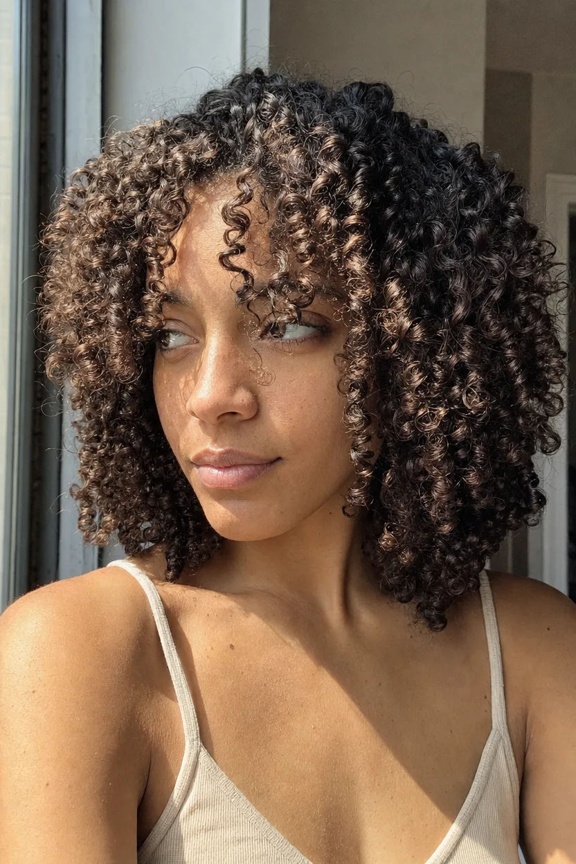 A young woman with shoulder-length tight corkscrew curls in dark brown with lighter brown ends, standing in sunlight by an apartment window