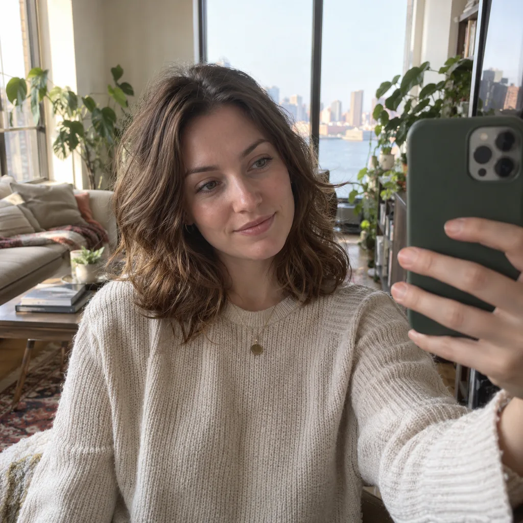A young woman with wavy light brown hair taking a selfie by a sunny apartment window