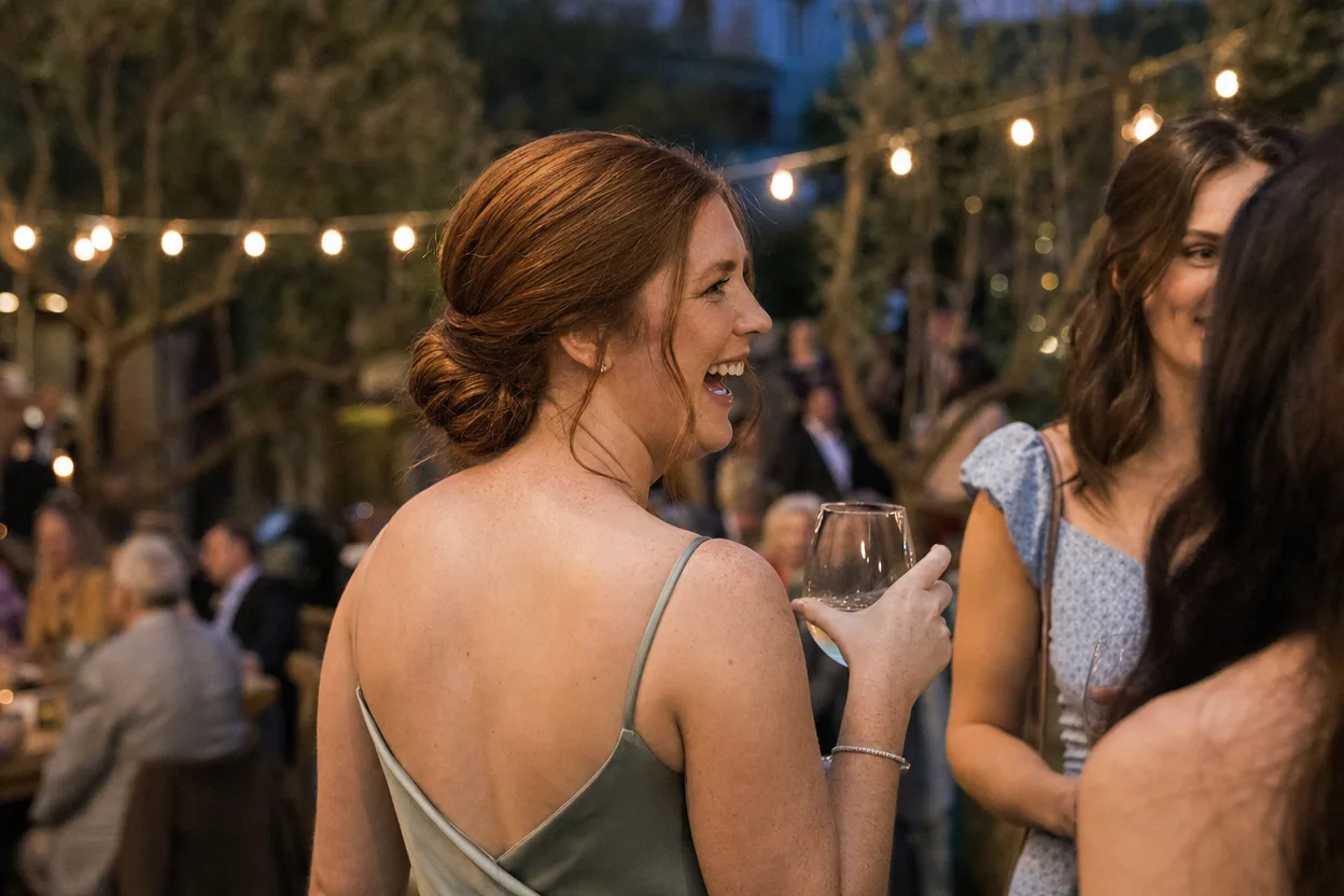Auburn-haired bridesmaid in a sage green satin dress with a low chignon at the nape, laughing at an evening reception under string lights