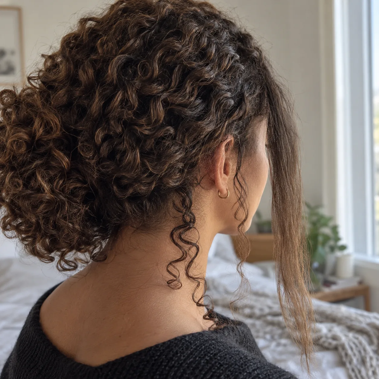 Back of a woman's head with brown curls pinned up and one straight, limp section hanging beside her ear