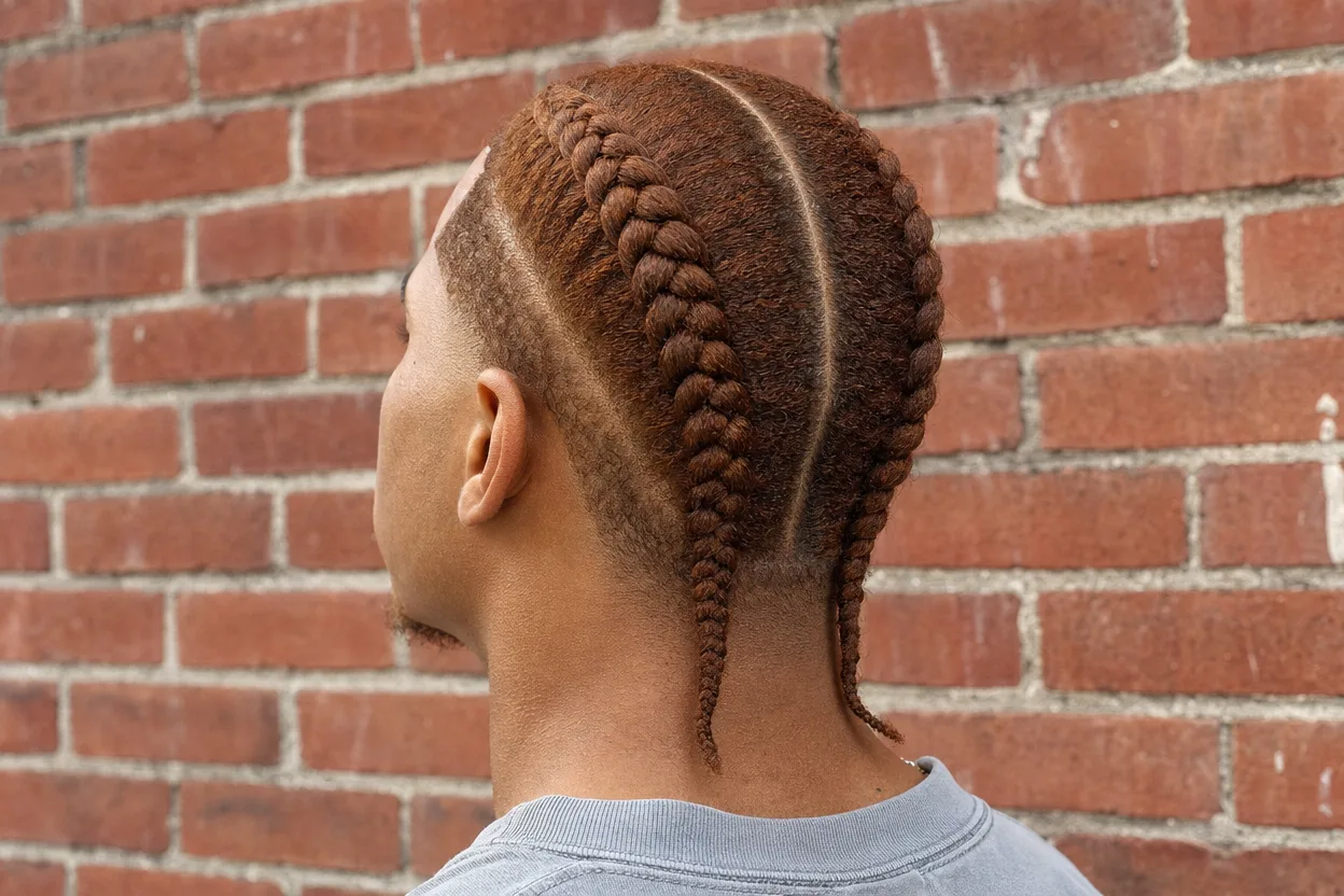 Back of a young man's head showing two auburn feed-in cornrows either side of a clean center part, ending in braided tails at the nape