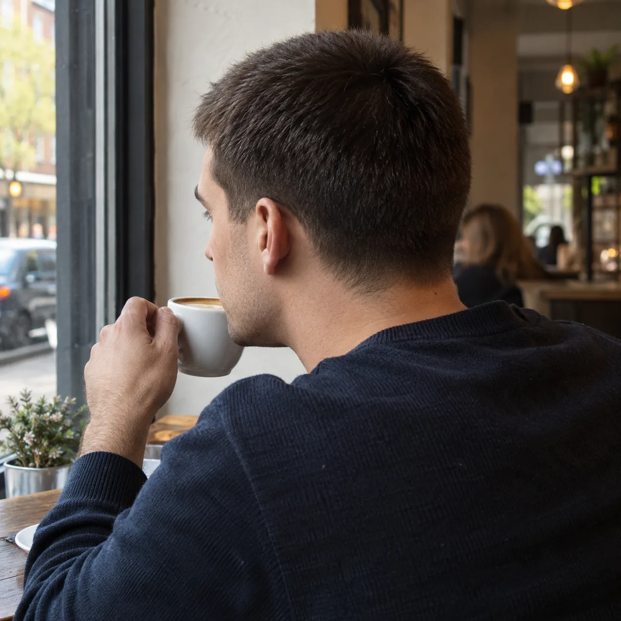 Back three quarter view of a man with a dark brown 8 guard buzz cut and a low tapered neckline, drinking coffee at a cafe window