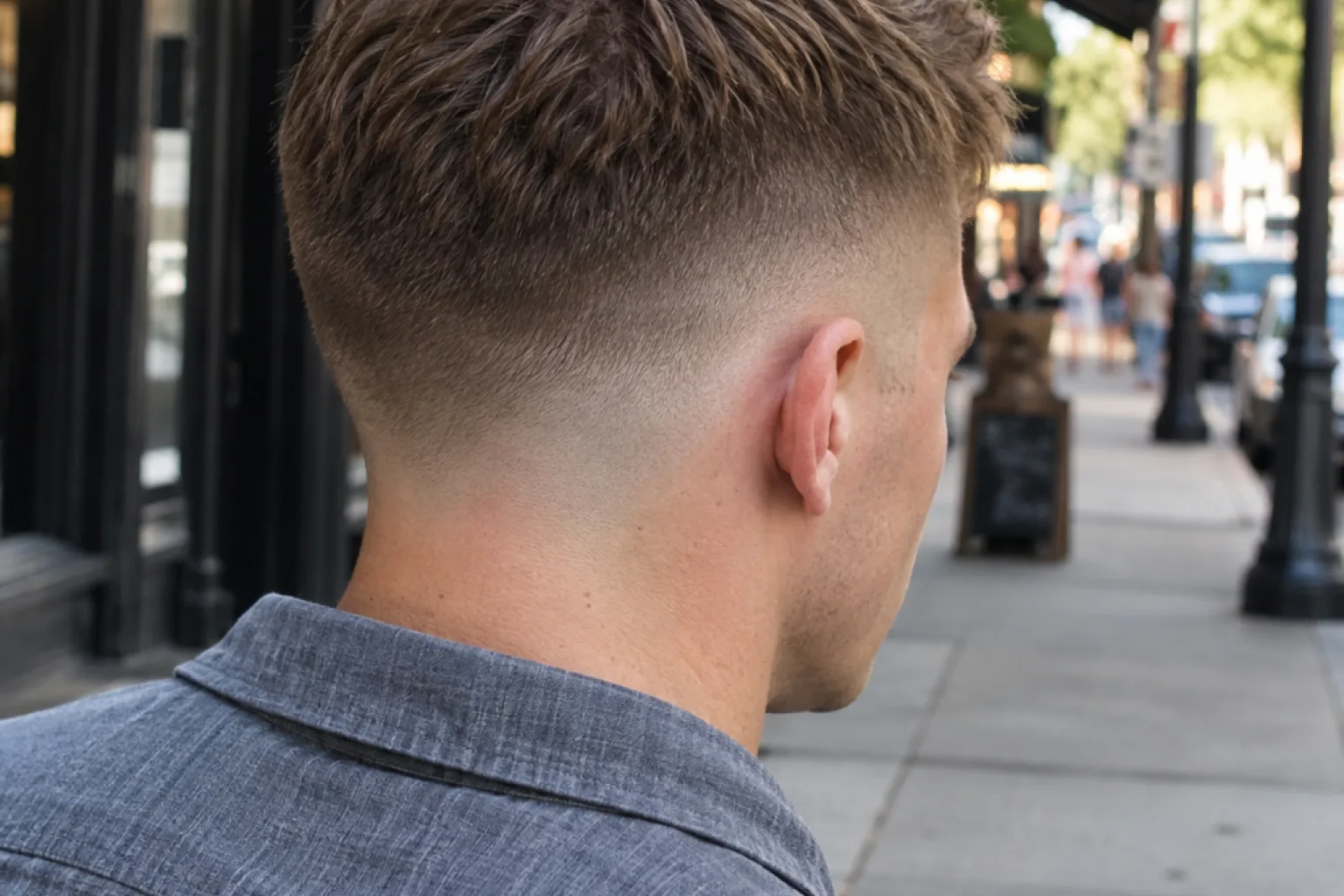 Back view of a low bald fade, the blend starting at bare skin on the nape and rising to just above the ear
