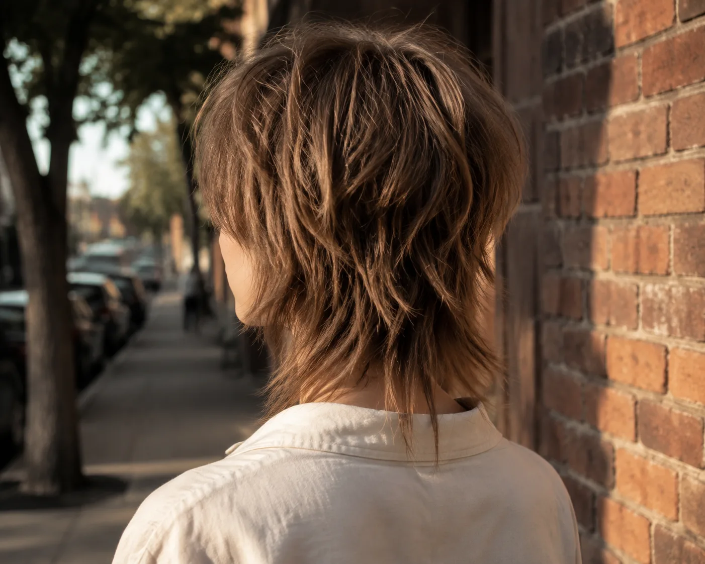 Back view of a short choppy shag haircut on mid-brown hair, showing stacked interior layers and piecey point-cut ends