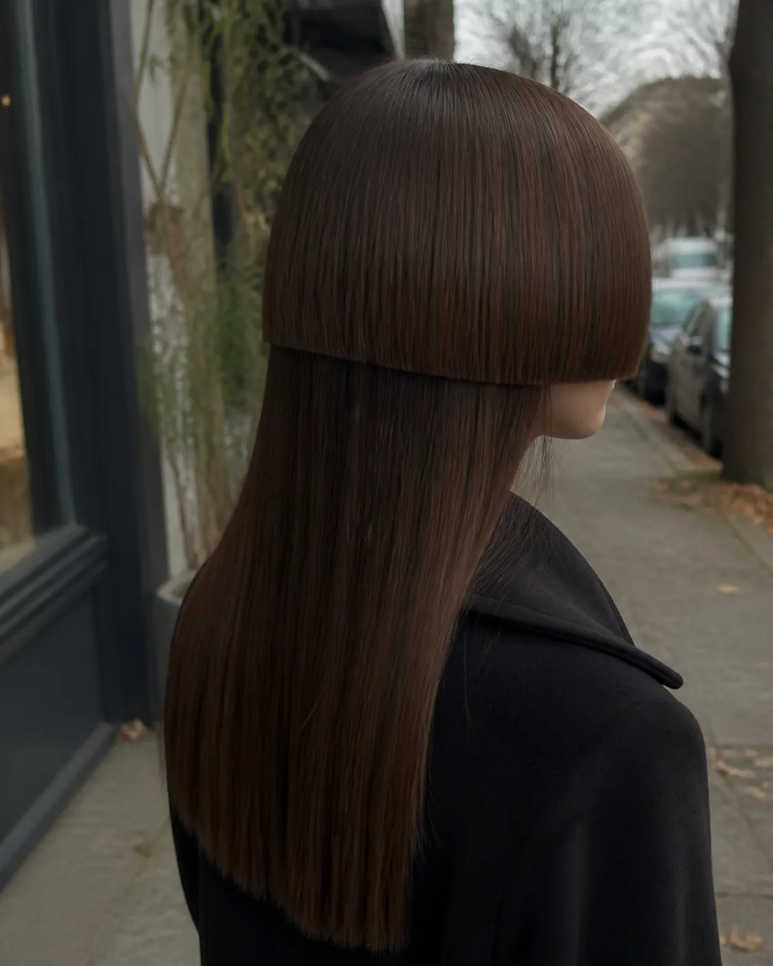 Back view of a woman on a city sidewalk, her chestnut hair cut so a short rounded layer stops in a blunt line across the back of her head while much longer straight hair falls beneath it