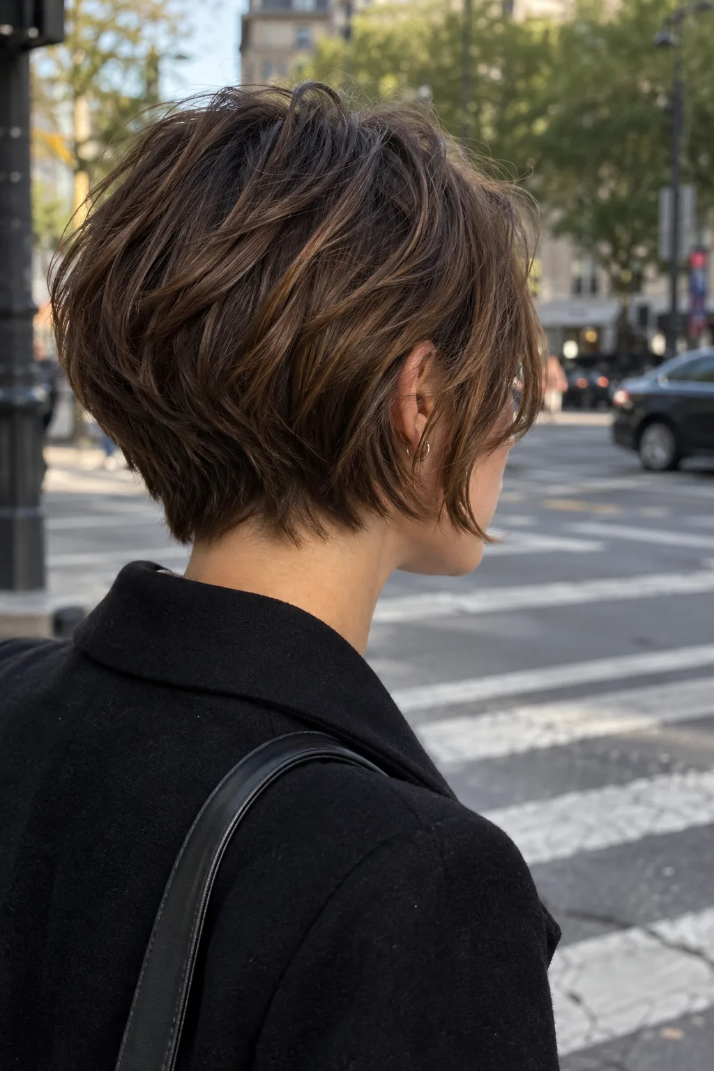 Back view of a woman with a chestnut brown bixie showing layered crown, stacked back and a nape tapered to about an inch