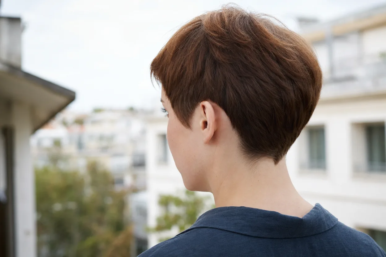 Back view of a woman with auburn hair on a balcony, showing the short blended nape of a long pixie cut rising smoothly to the crown