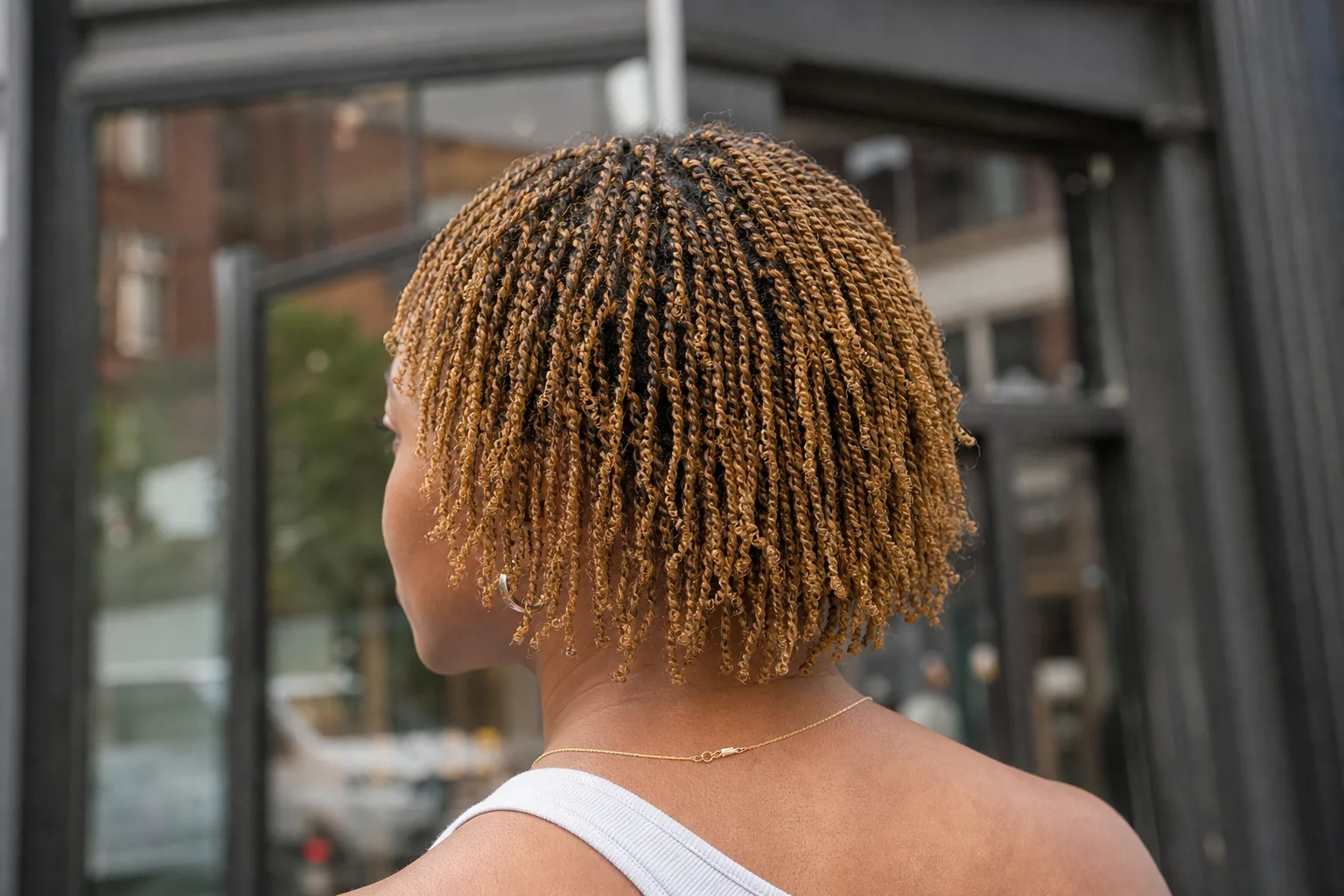 Back view of a woman with dense jaw-length mini twists in honey blonde hair with dark roots, hundreds of pencil-thin twists across the crown