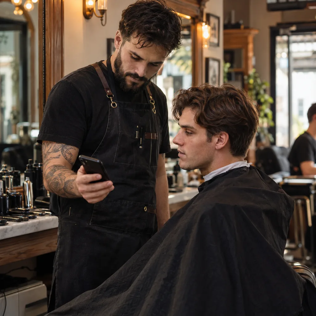 Barber studying a photo on a client's phone while the client waits in the chair