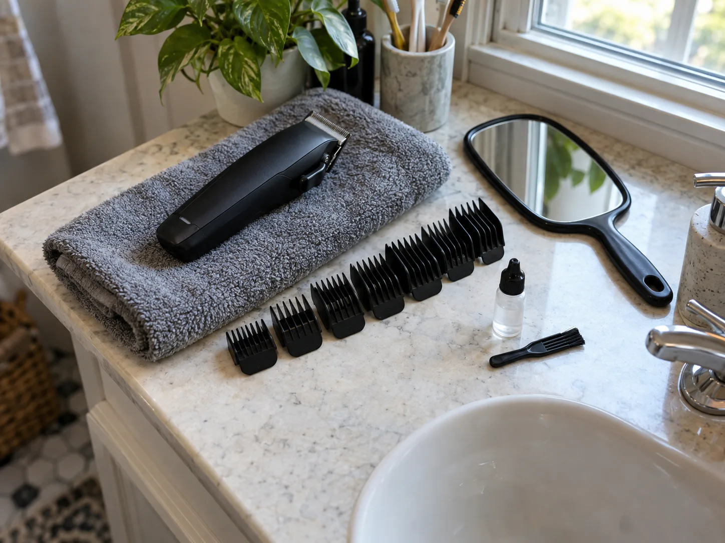 Black cordless hair clipper on a folded towel beside a row of clipper guards, clipper oil, a cleaning brush and a hand mirror