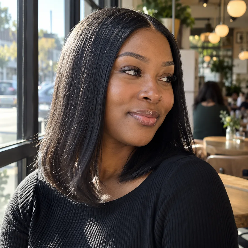 Black woman in a sunny cafe with a sleek black silk press, straight and shoulder length