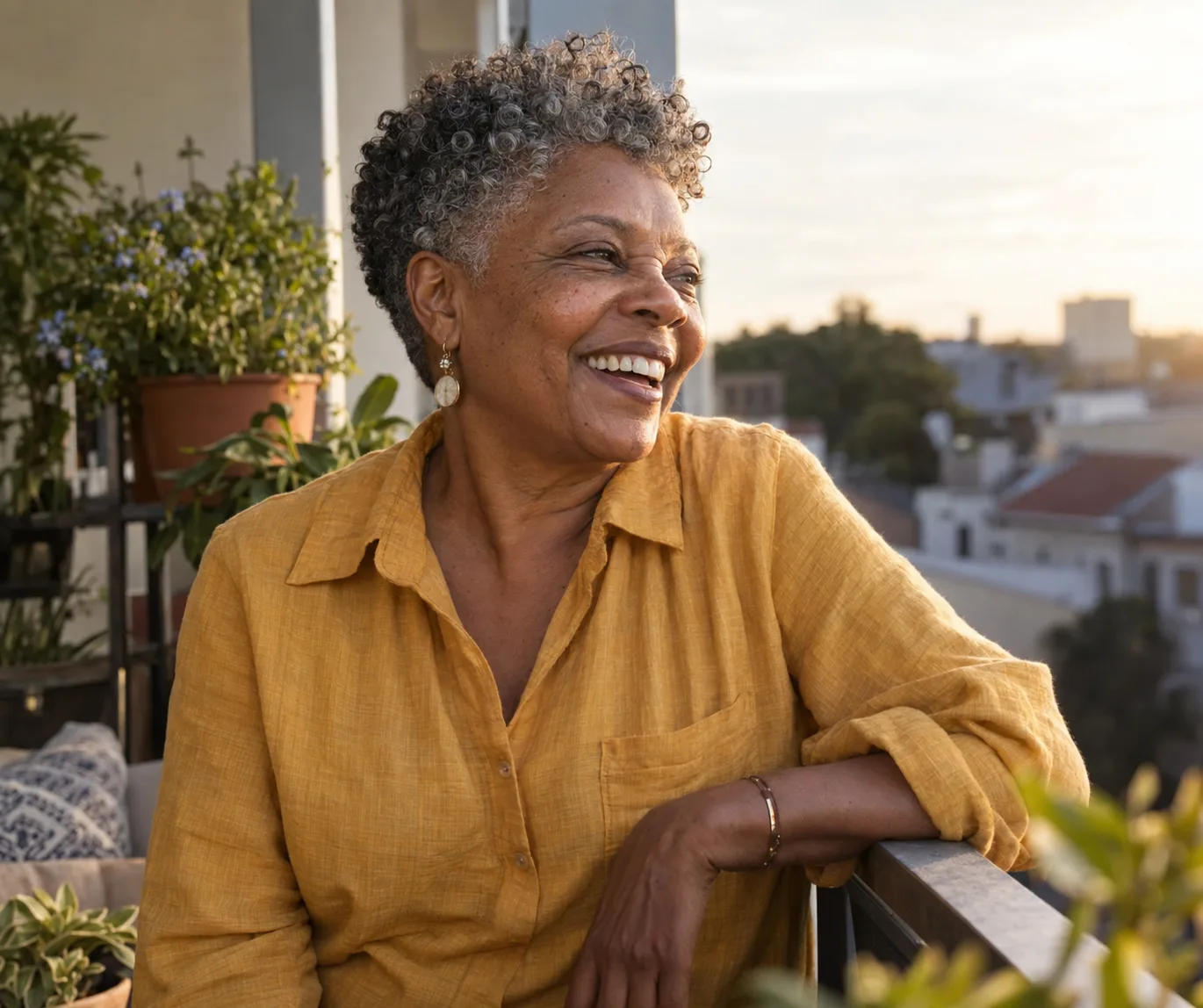 Black woman in her 60s with short tapered salt and pepper curls laughing on a sunny balcony with potted plants