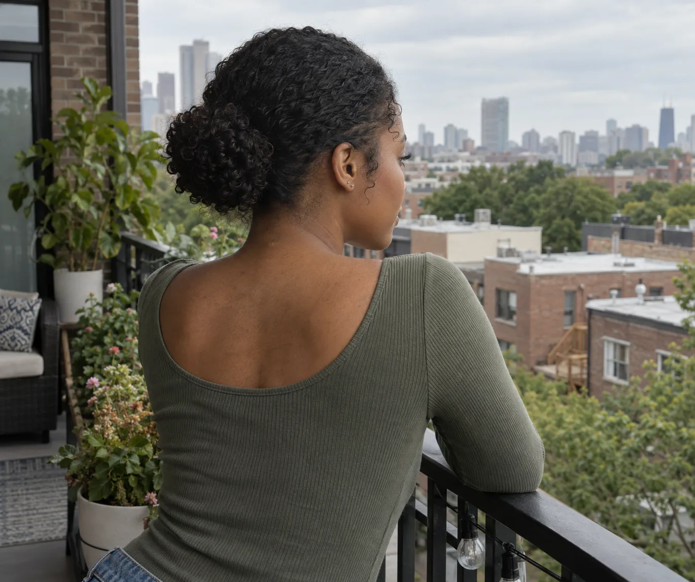 Black woman on a balcony with her natural curls in a low curly bun
