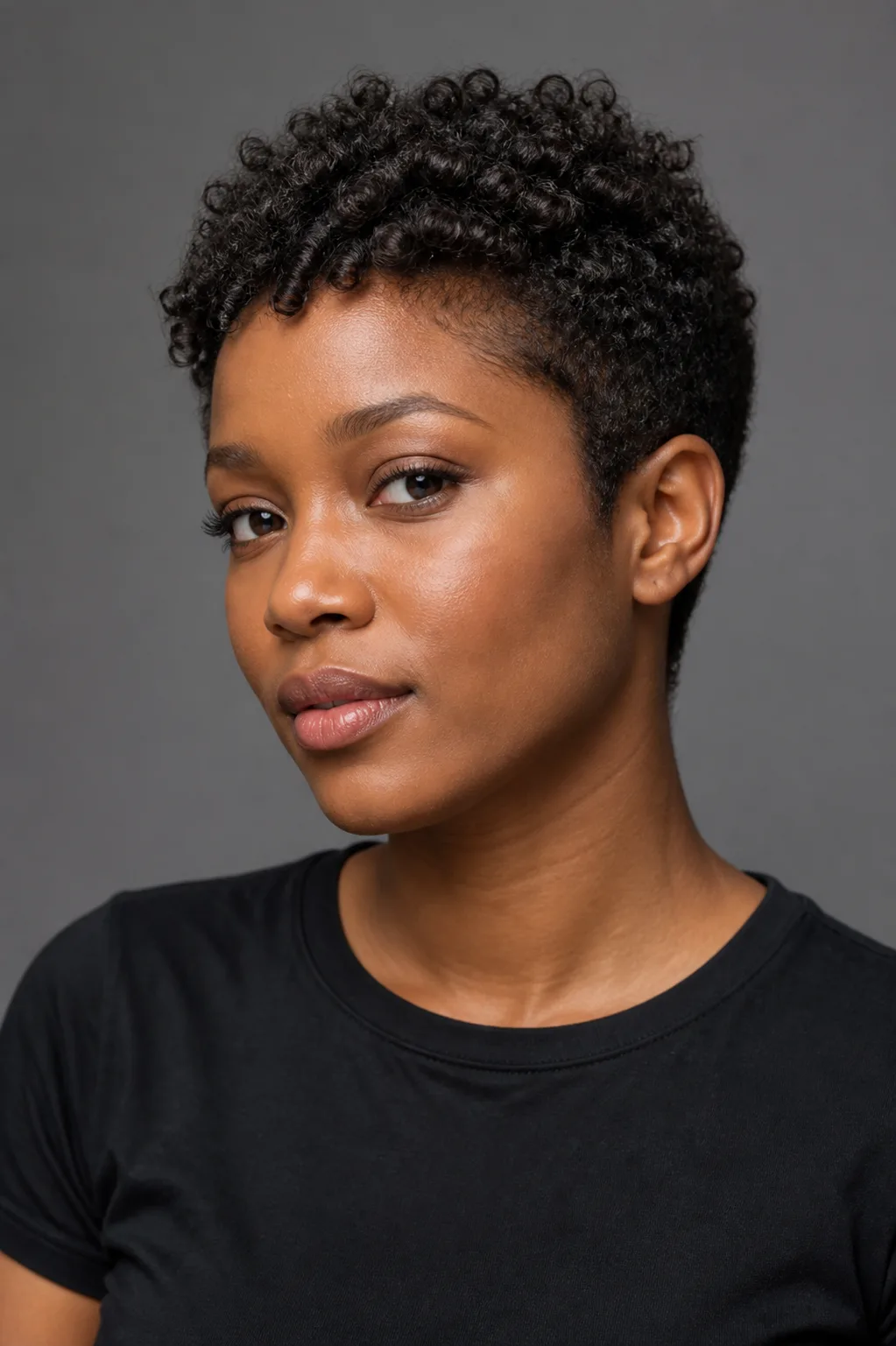 Black woman with a short coily pixie crop, defined curls on top, and closely scissored sides