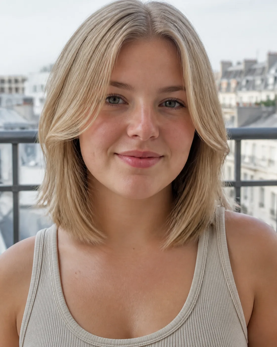 Blonde collarbone-length bob with centre-parted face-framing pieces falling past the jaw, on a balcony