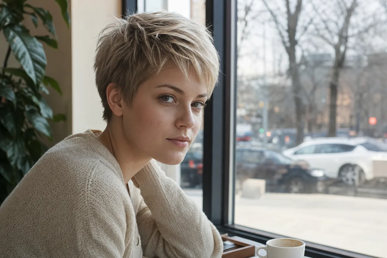 Blonde woman at a cafe window with a long pixie cut, the front length pushed forward and up so it stands away from her forehead