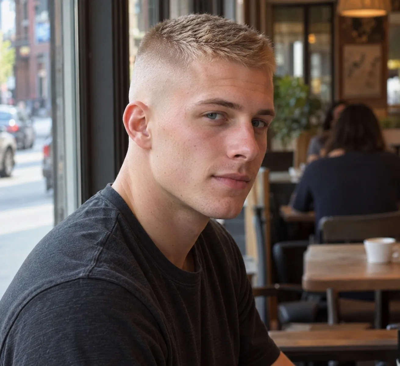 Blonde young man at a cafe window with a high and tight skin fade, bare skin around the ear blending up to a short spiky top