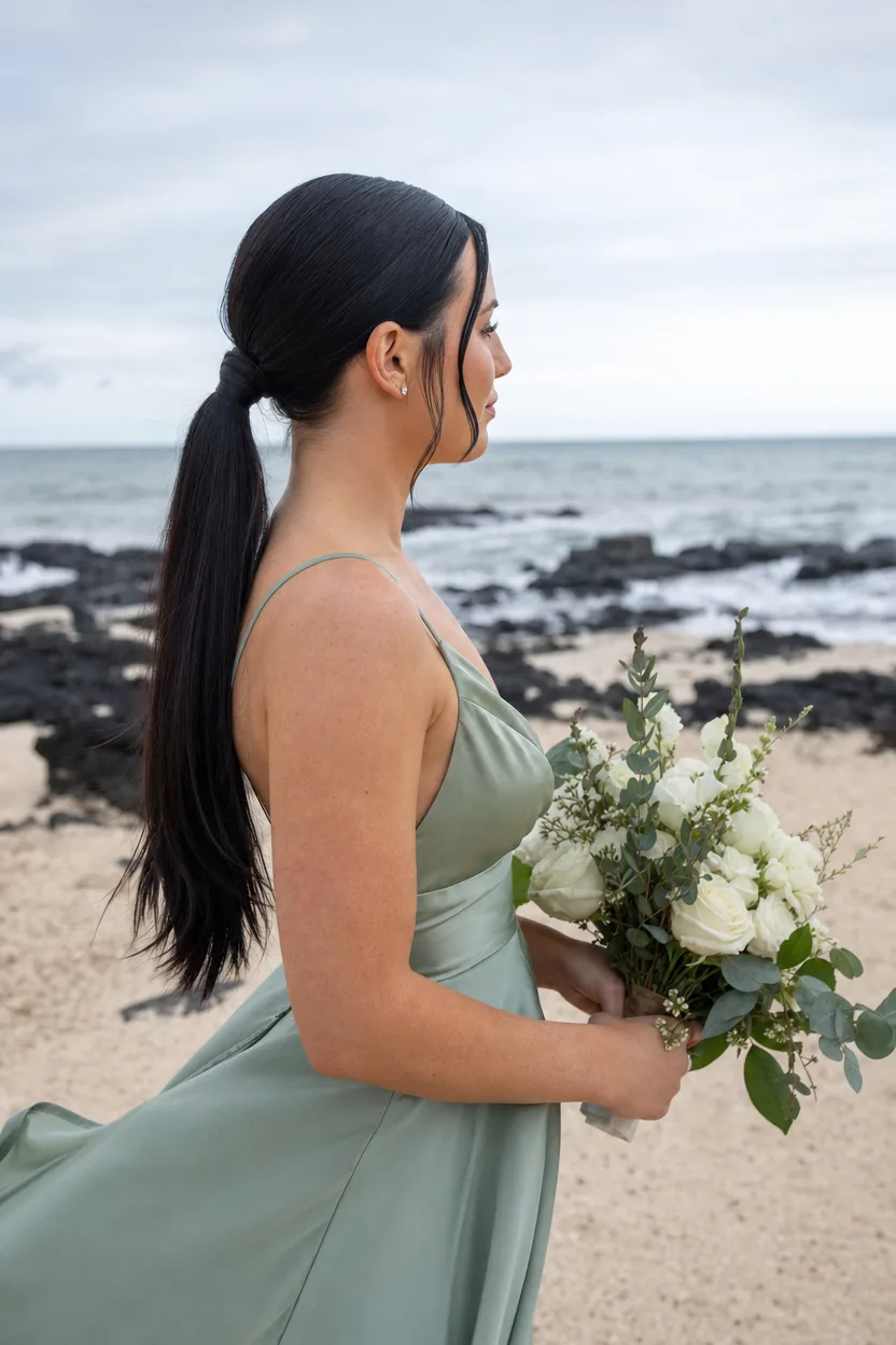Bridesmaid with long black hair in a sleek low ponytail, holding a white rose bouquet on a beach