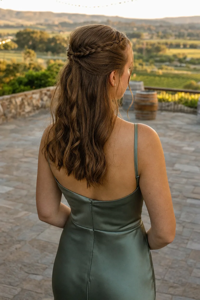 Bridesmaid with long light brown wavy hair styled half up with a thin braid pinned across the back of the crown, on a vineyard terrace