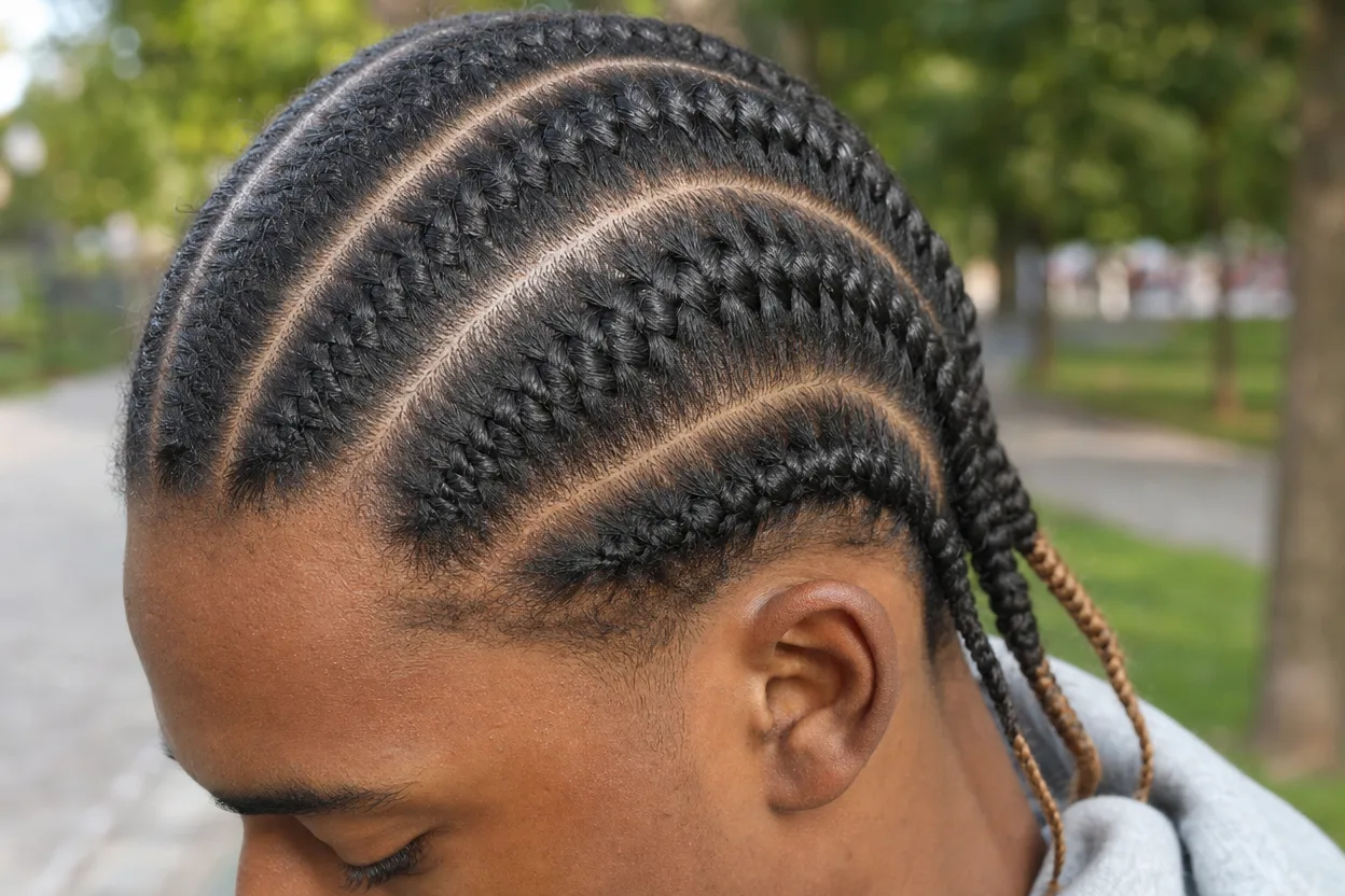 Close overhead view of six stitch braids on top of the head, each braid built from a line of small separate rungs, with sharp parts between them