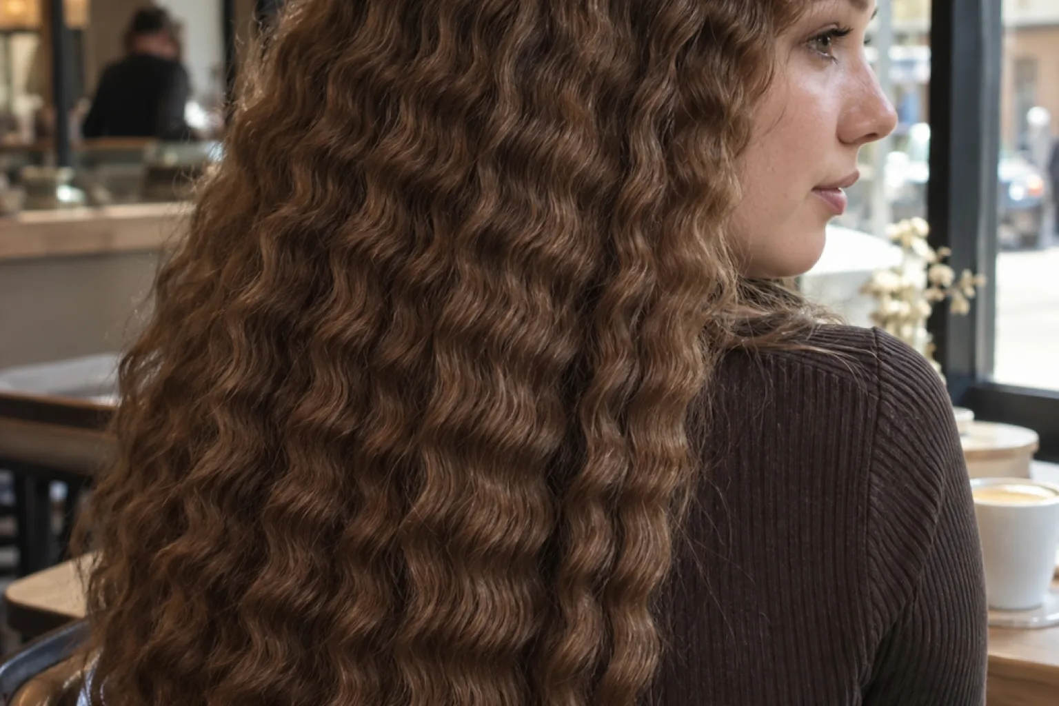 Close view of chestnut brown hair crimped into a tight even zigzag from root to end