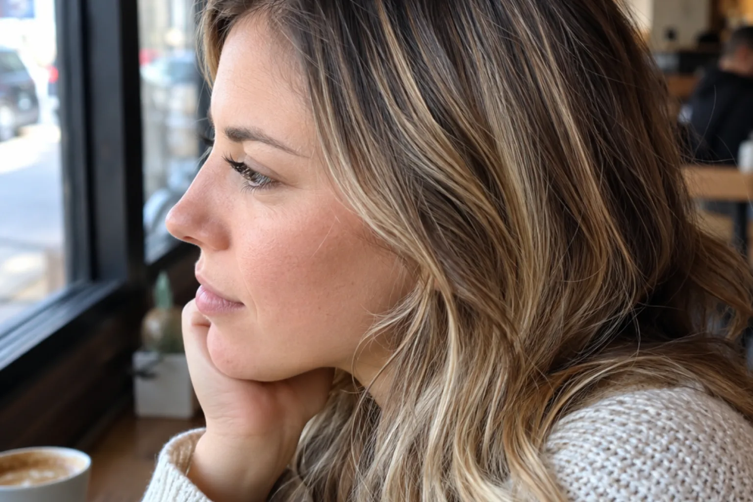 Close side profile of a woman at a cafe window, her parting showing soft grown-out roots blending into blonde with no hard line