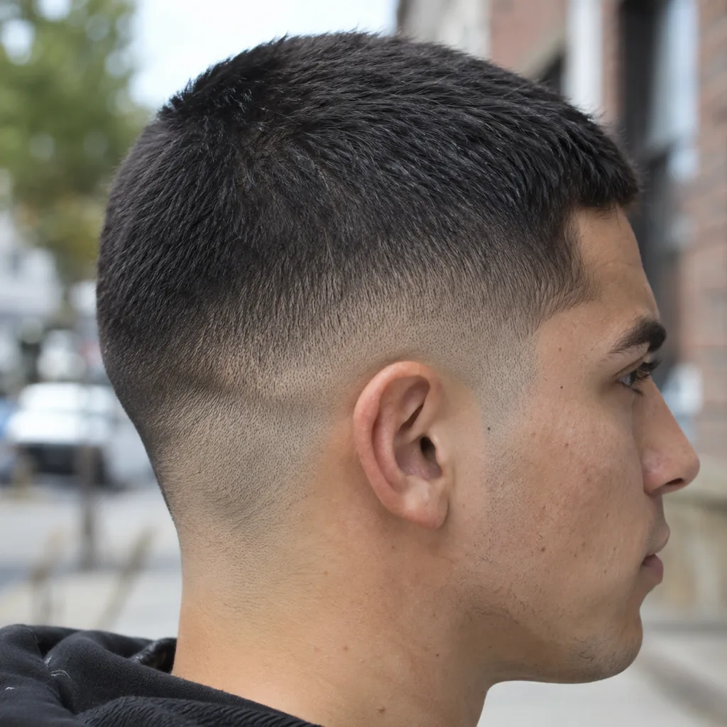 Close side view of a black buzz cut with a skin fade, the hair blending from dark on top to bare skin above and behind the ear