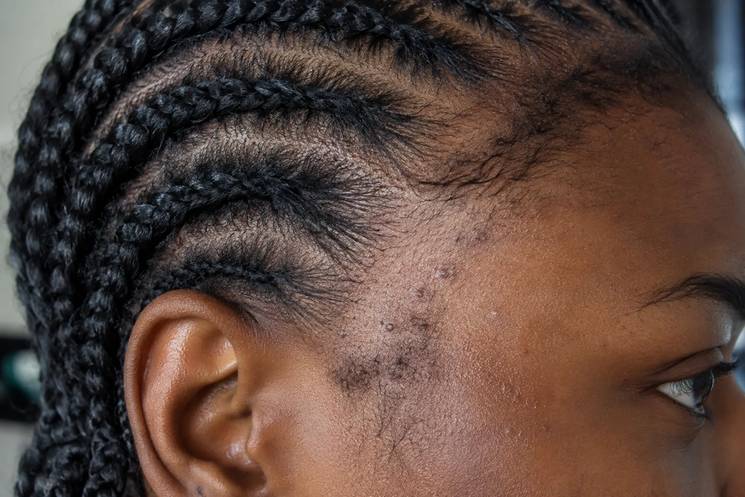 Close-up of a Black woman's temple where cornrows pulled straight back from the hairline leave a bare band and short broken hairs