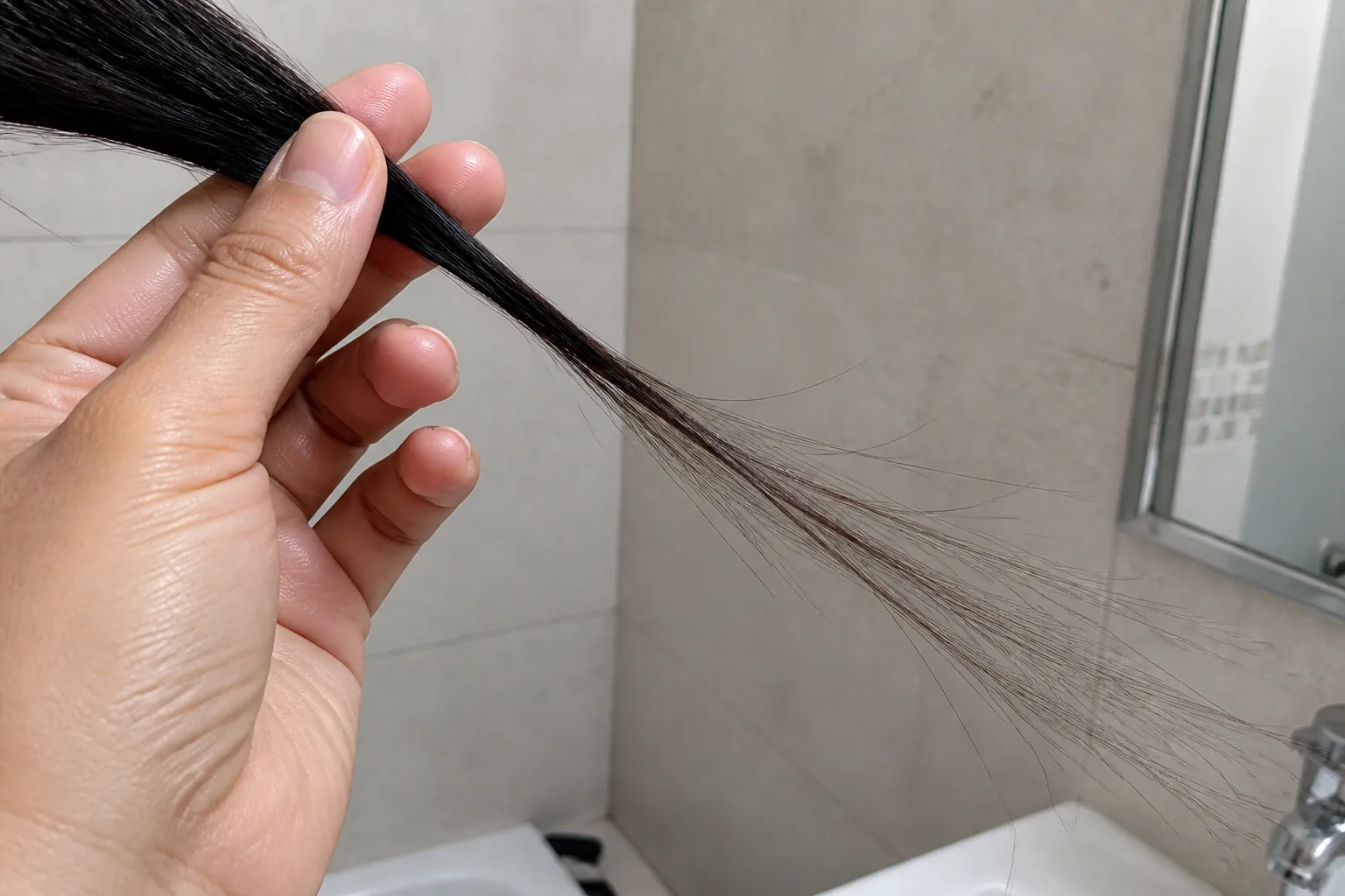 Close-up of a section of dark hair pinched between two fingers in a bathroom, thick at the top and tapering to sparse see-through split ends that daylight shows through