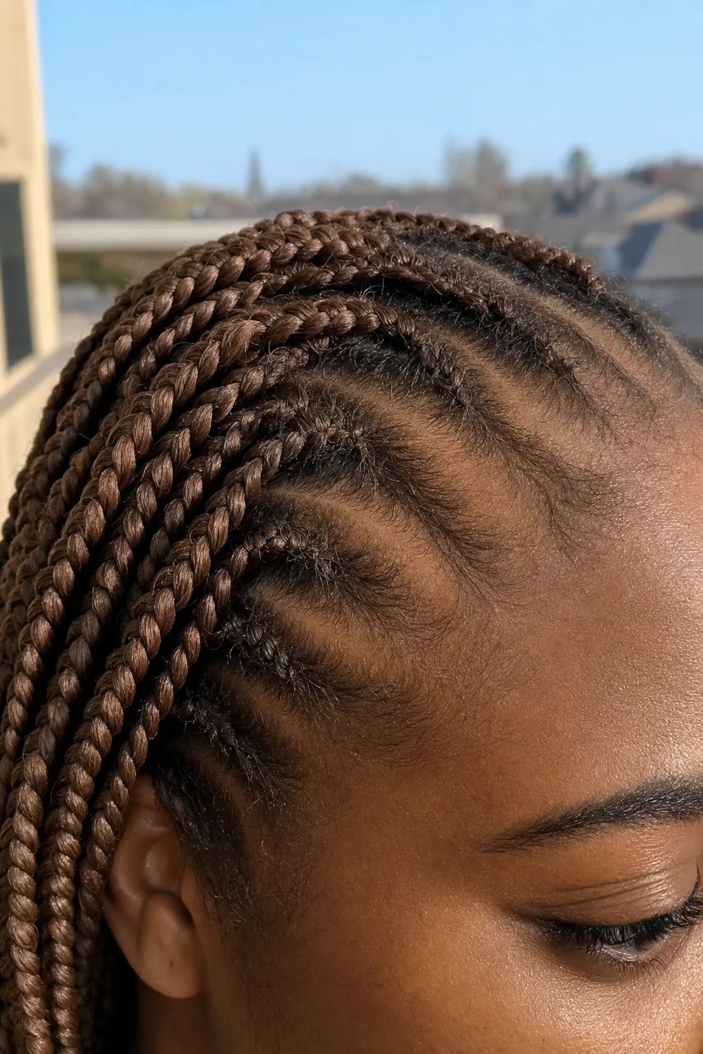 Close-up of a temple and hairline with caramel brown cornrows sitting loosely and soft baby hairs intact