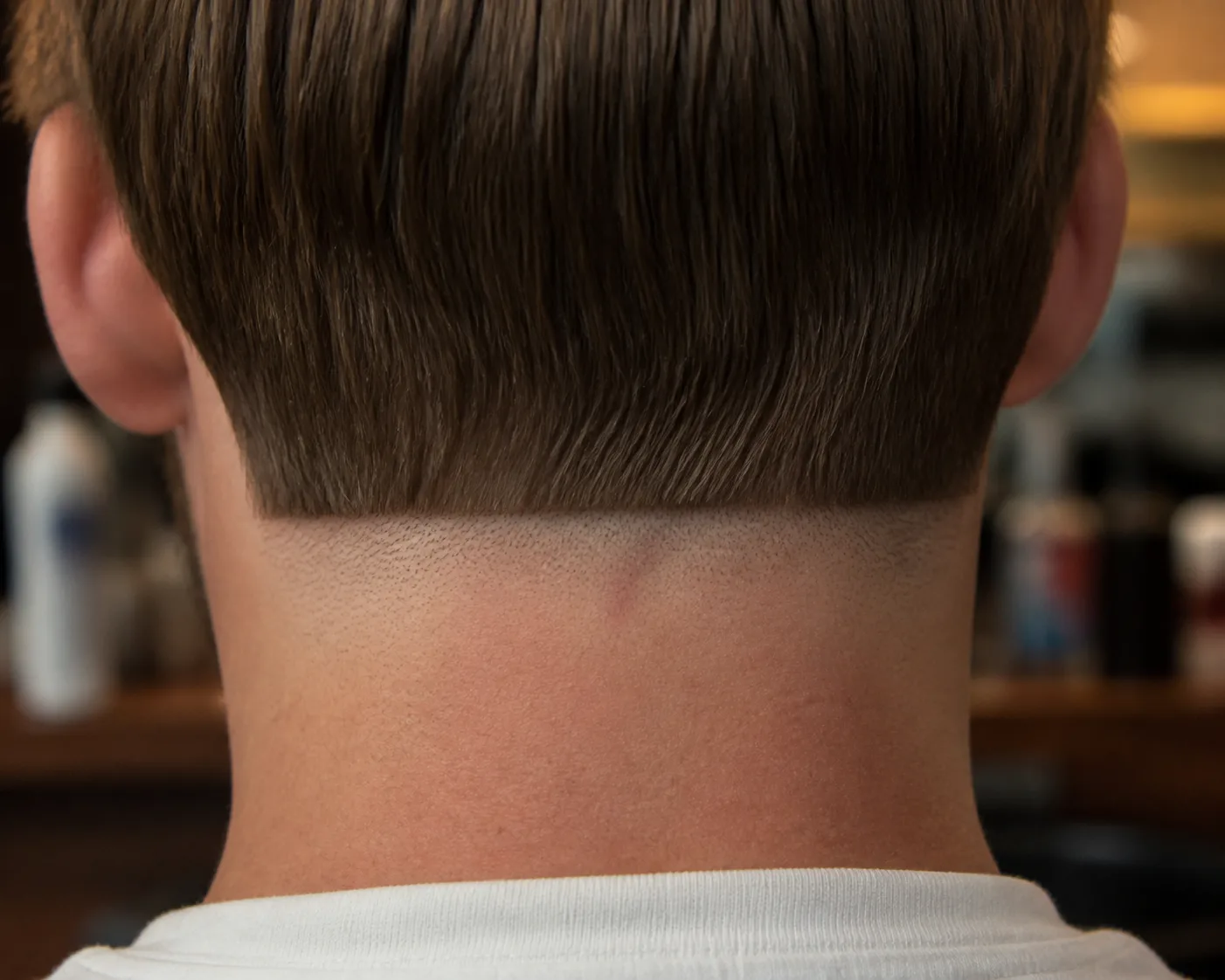 Close-up of the back of a man's head in a barbershop showing the neckline curving in a soft rounded shape and fading out into the skin at the nape