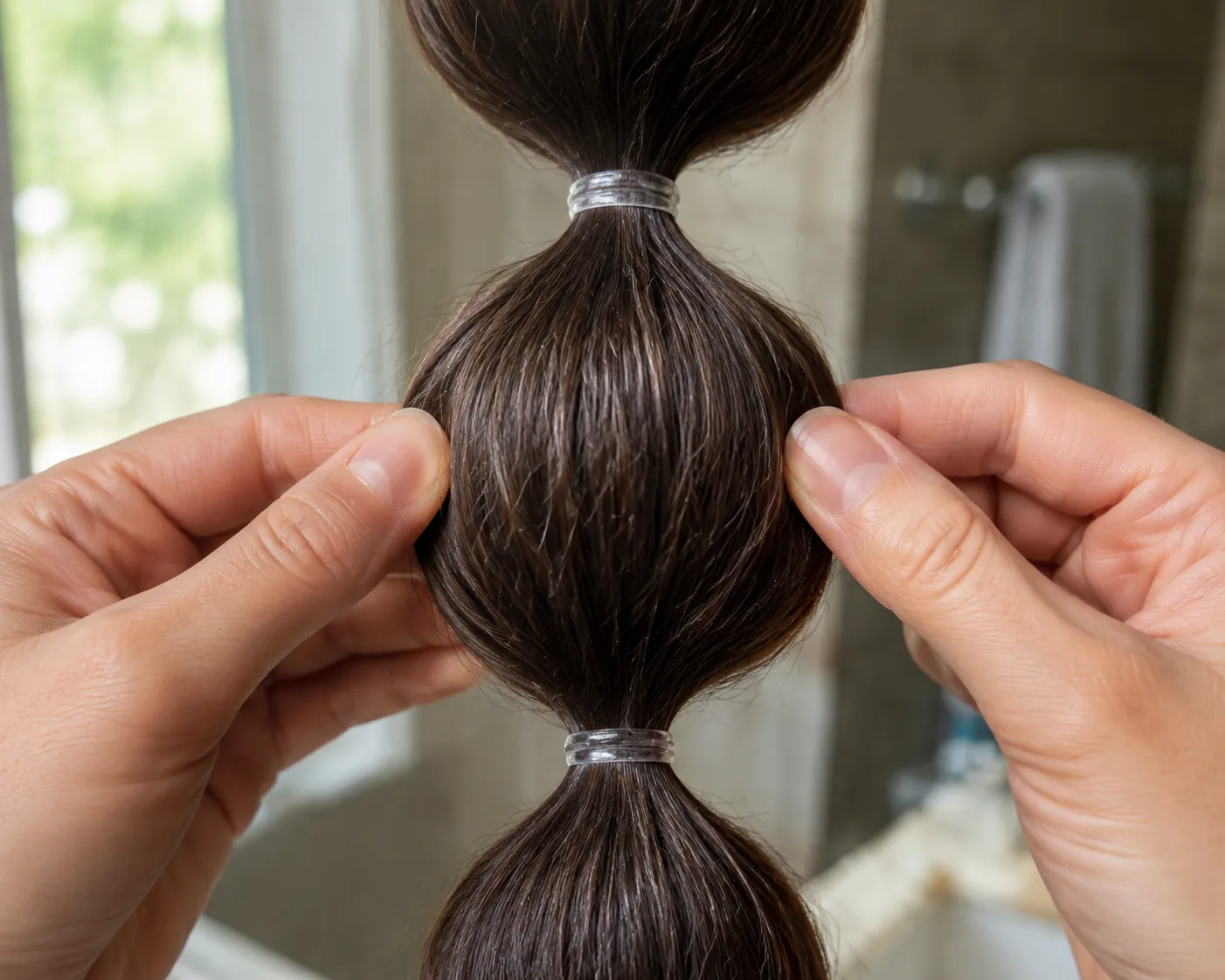 Close-up of two hands pinching the sides of one hair section between two clear elastics and pulling it outward so it fans into a rounded bubble