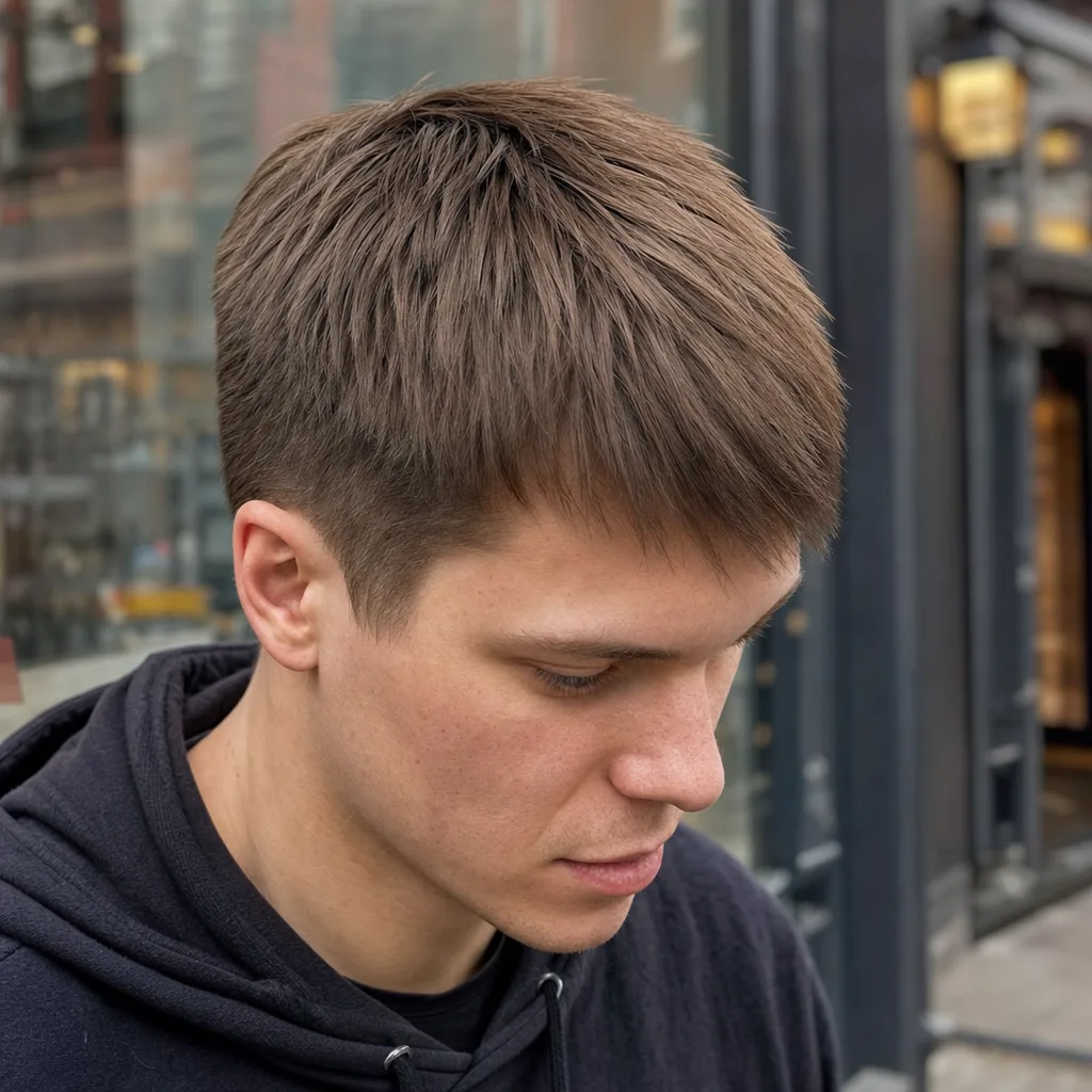 Close view of a young man with dead straight mid brown hair, cut short with a textured top and visible separated strands, standing on a city sidewalk