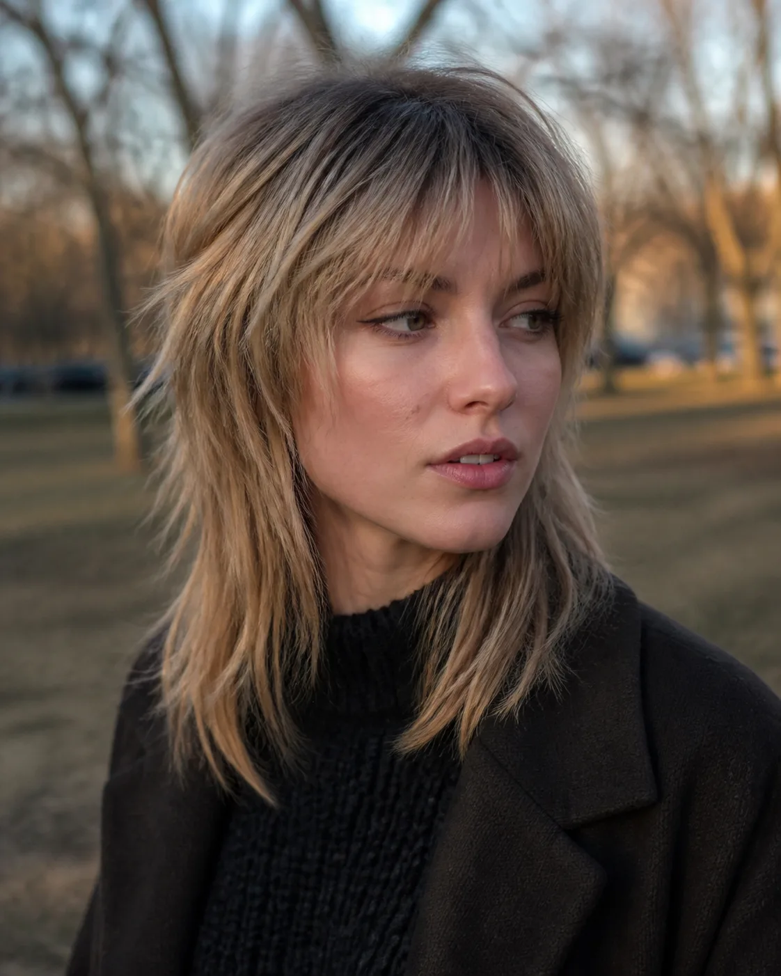 Dirty blonde woman in a park with a wolf cut, choppy layers running continuously from her crown down to collarbone length with no visible step