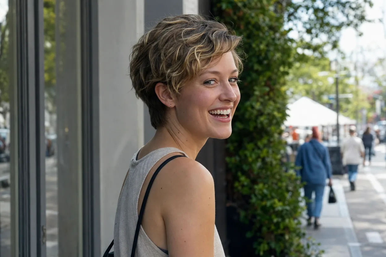 Dirty blonde woman laughing on a sunny street, her naturally wavy long pixie cut breaking into separated bends around her face