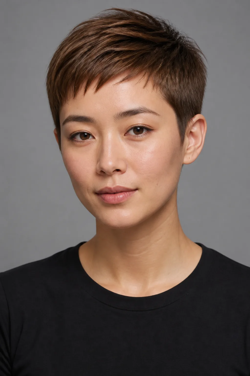 East Asian woman with a short golden brown pixie crop combed diagonally across the top